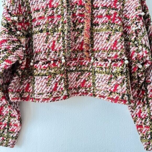 Zara Plaid Knit Hooded Sweatshirt W/ Faux Pearl Applique in Red Multi - Picture 7 of 9